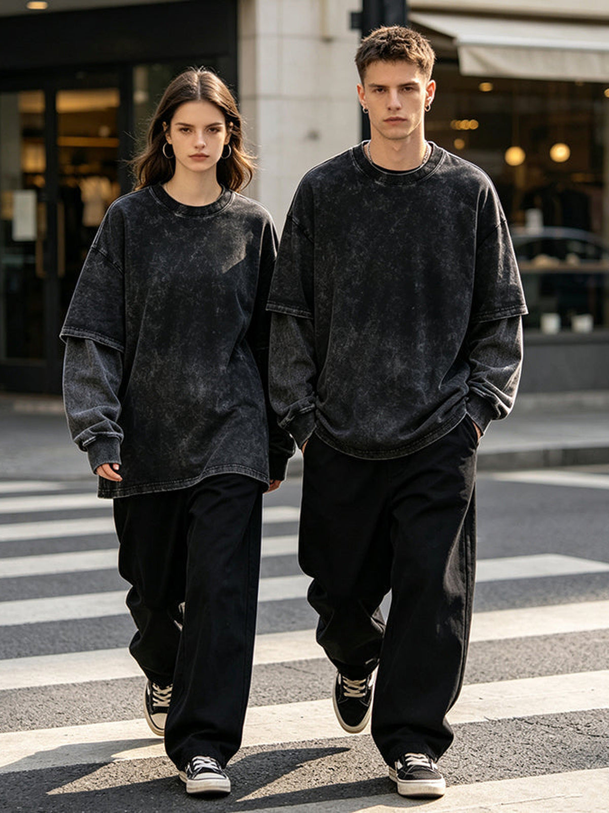 Washed Black Layered Long Sleeve Shirt – street photo, couple on model | XoKool