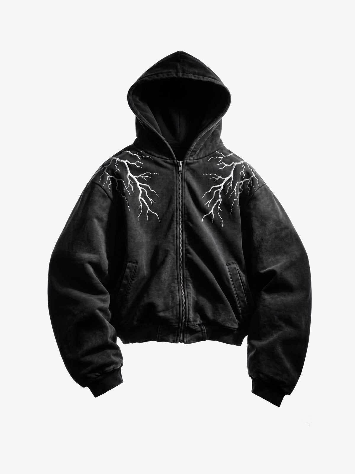 Washed Black Lightning Embroidered Zip Up Hoodie – Washed black, front view | XoKool