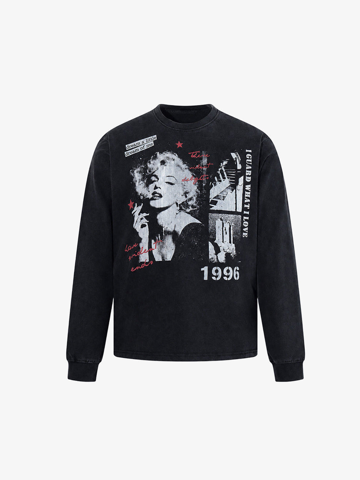 Washed Black Longsleeve Graphic T-Shirt mit Portrait-Collage – Vorderansicht | XoKool