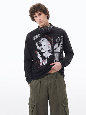 Washed Black Longsleeve Graphic T-Shirt mit Portrait-Collage – am Model von vorn | XoKool