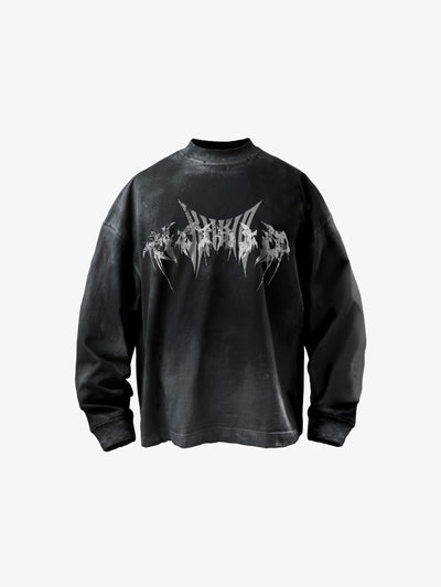 Washed Black Long Sleeve Tee with Metal Font Print