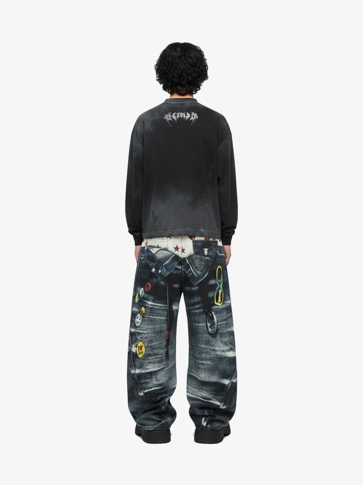 Washed Black Long Sleeve Tee with Metal Font Print – on model, back | XoKool