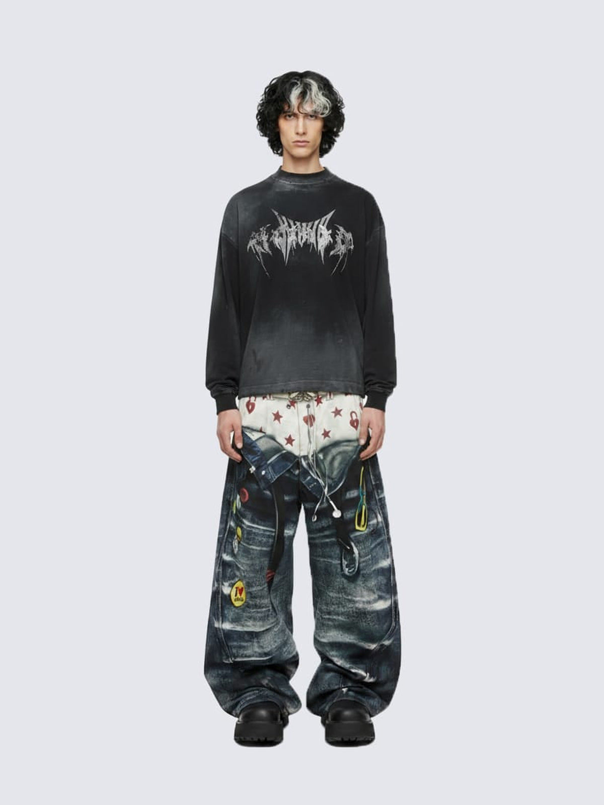 Washed Black Long Sleeve Tee with Metal Font Print – on model, front | XoKool