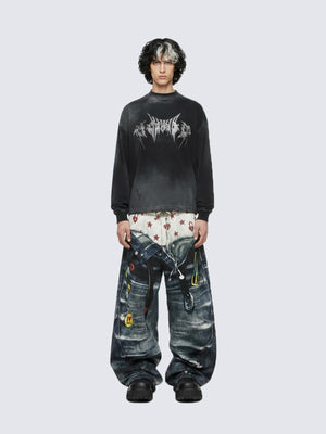 Washed Black Long Sleeve Tee with Metal Font Print – on model, front | XoKool