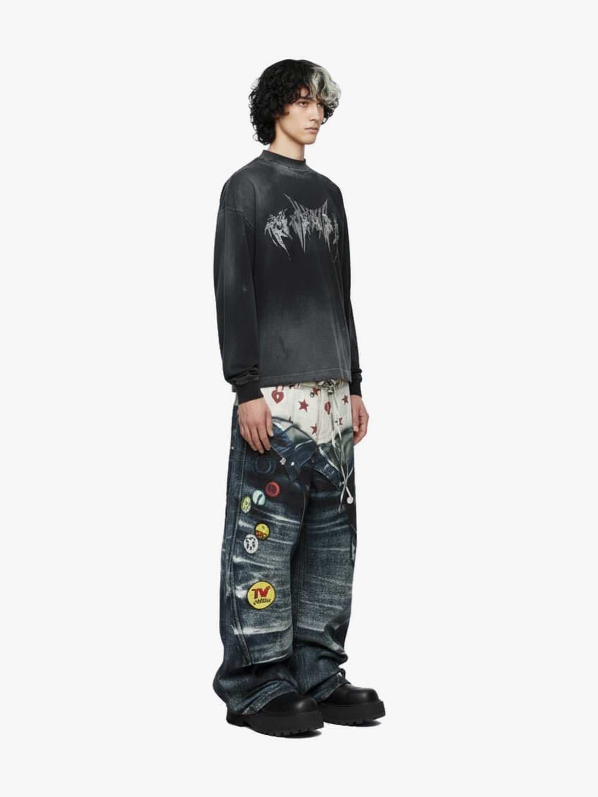 Washed Black Long Sleeve Tee with Metal Font Print – on model, side | XoKool