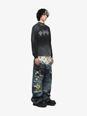 Washed Black Long Sleeve Tee with Metal Font Print – on model, side | XoKool