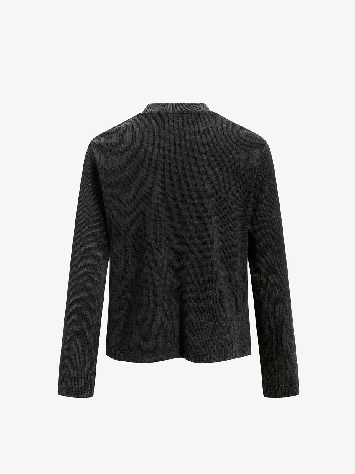 Washed Black Mock Neck Long Sleeve Waffle Tee – Black, back view | XoKool
