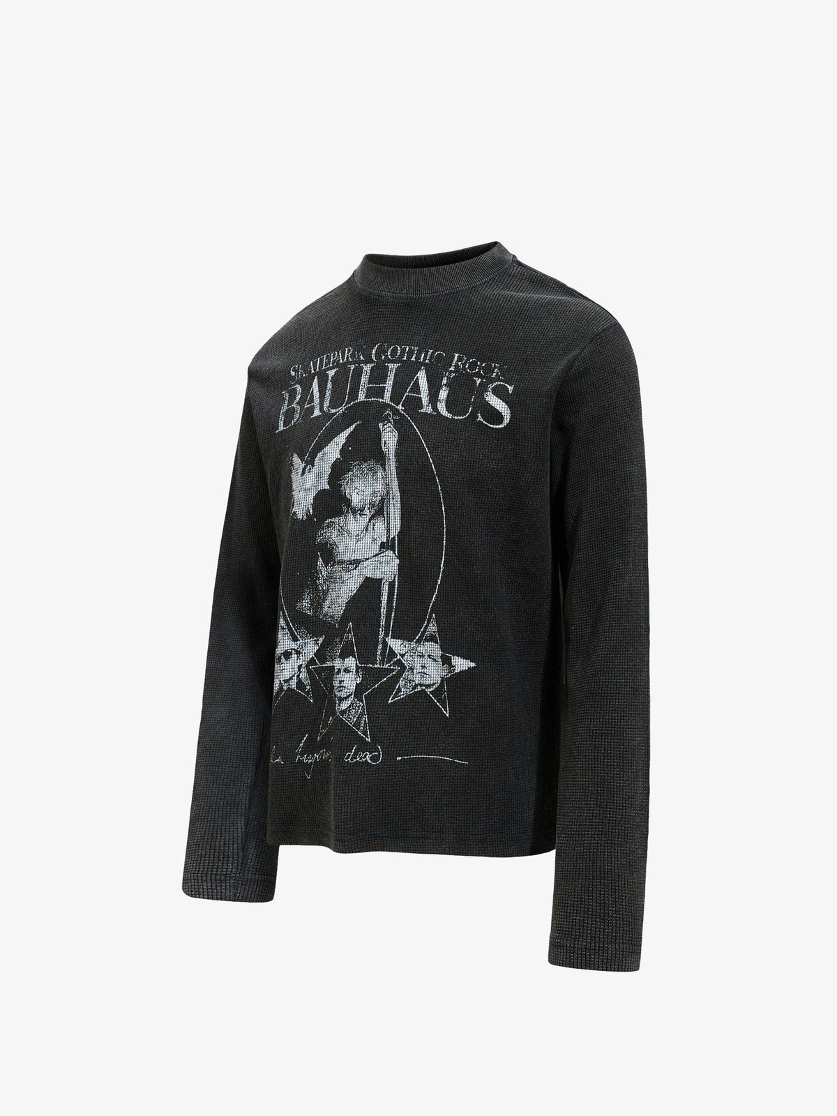 Washed Black Mock Neck Long Sleeve Waffle Tee – Black, front angle view | XoKool