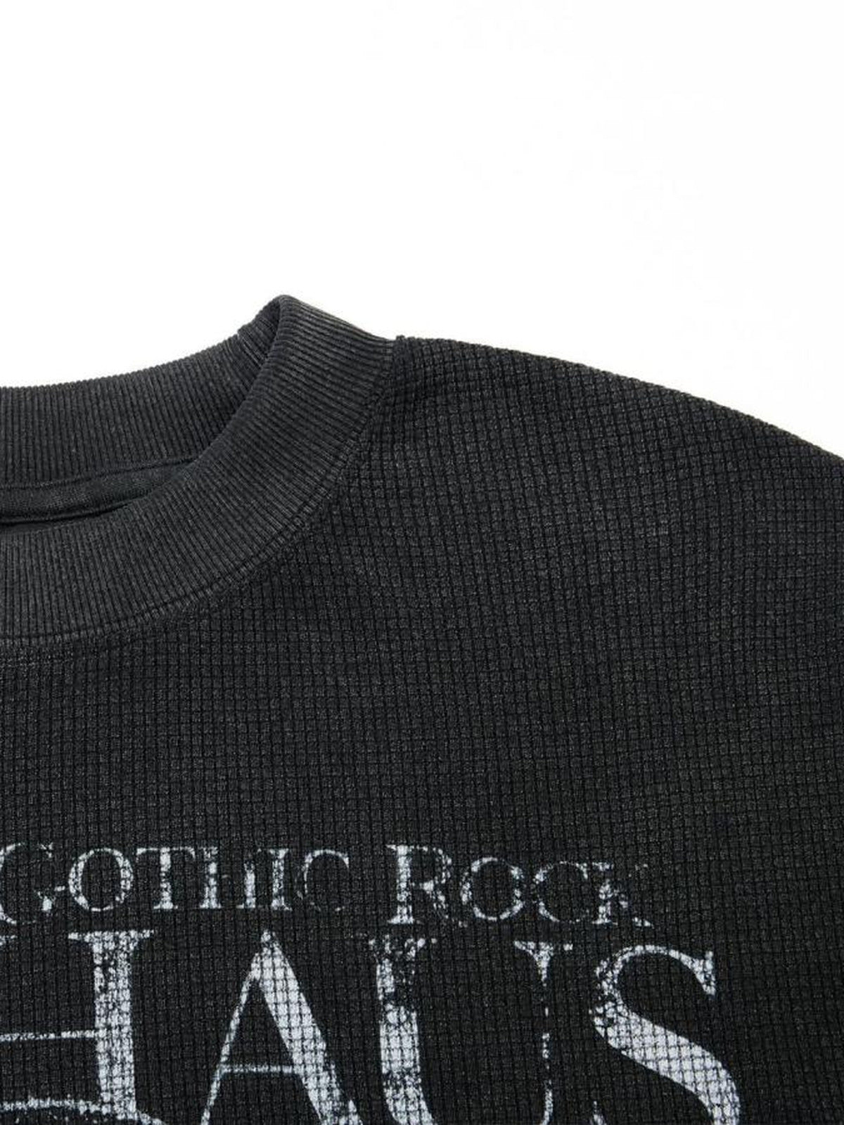 Washed Black Mock Neck Long Sleeve Waffle Tee – collar and print close-up | XoKool
