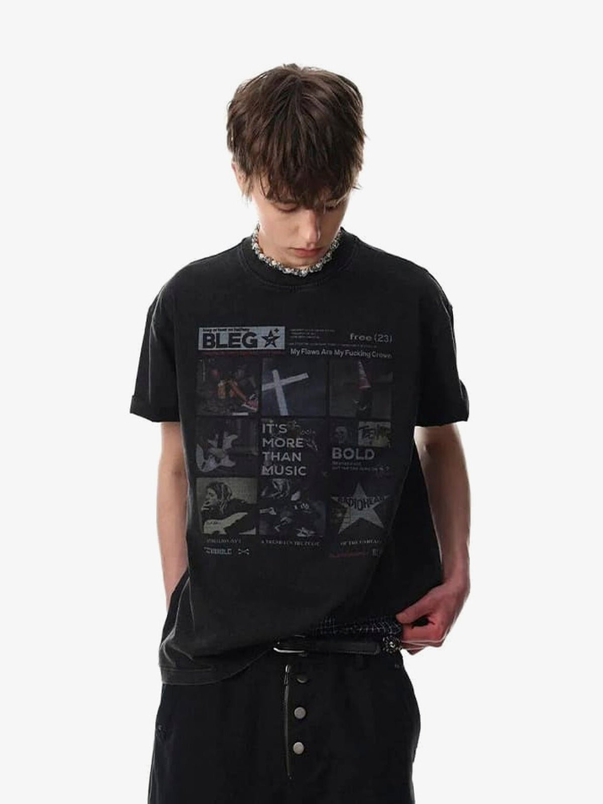 Washed Black Music T-Shirt with Guitar Photo Collage – on model, front | XoKool