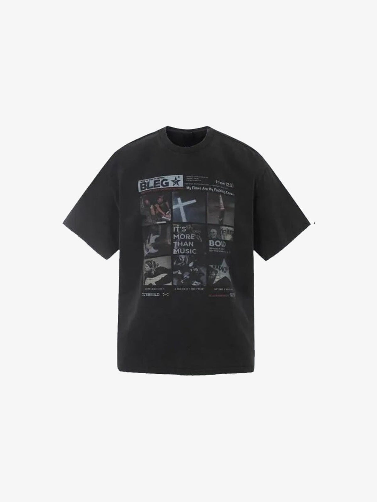 Washed Black Music T-Shirt with Guitar Photo Collage – Washed Black, front flat view | XoKool