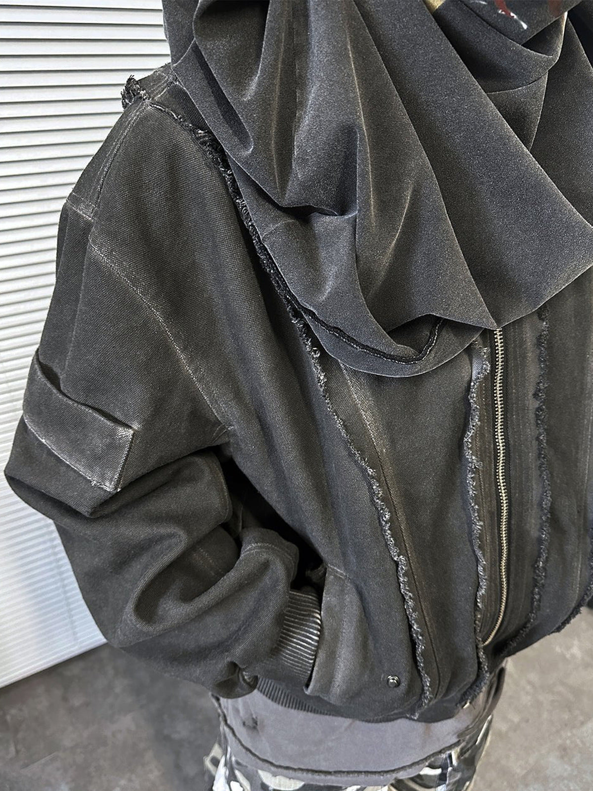 Washed Black Oversized Padded Bomber Jacket – on model, close front | XoKool