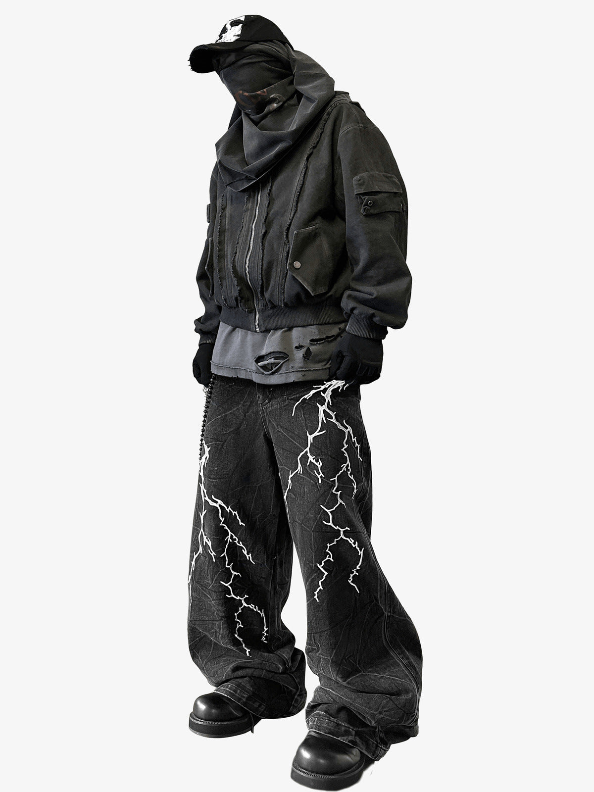 Washed Black Oversized Padded Bomber Jacket – on model, full body (hood layered) | XoKool