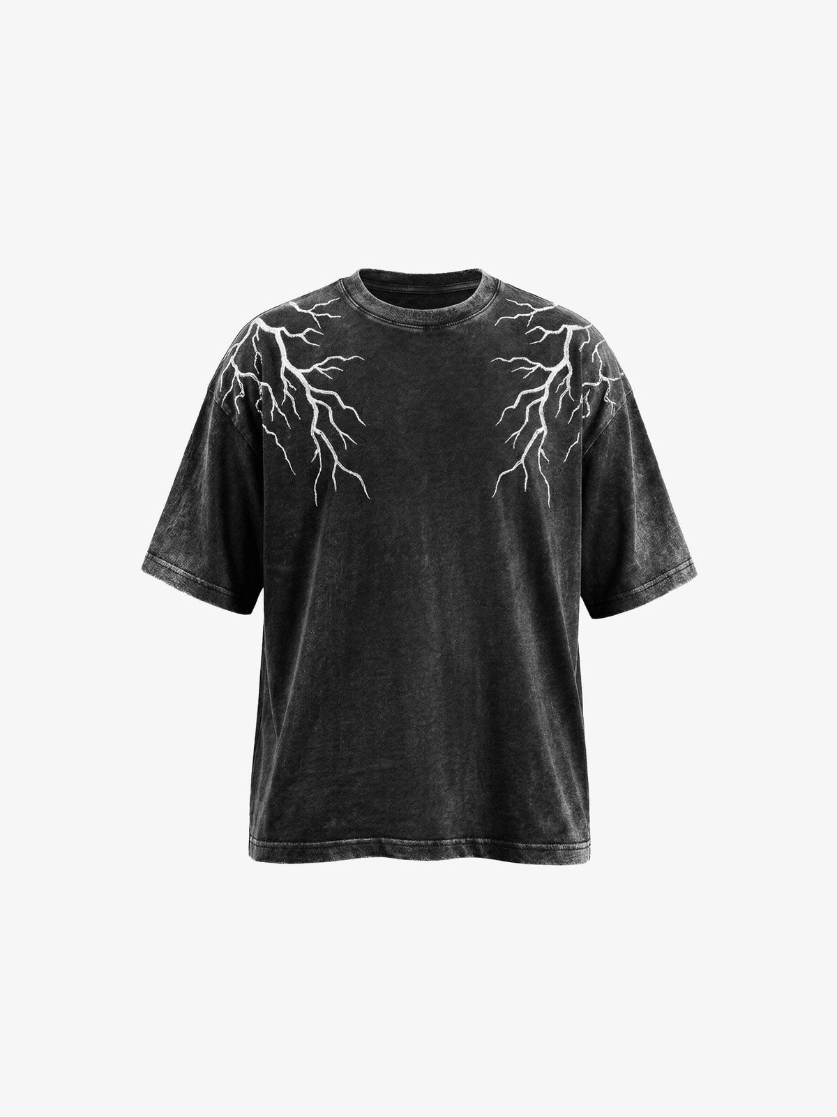 Washed Black Oversized Tee with Lightning Bolt Design – front | XoKool