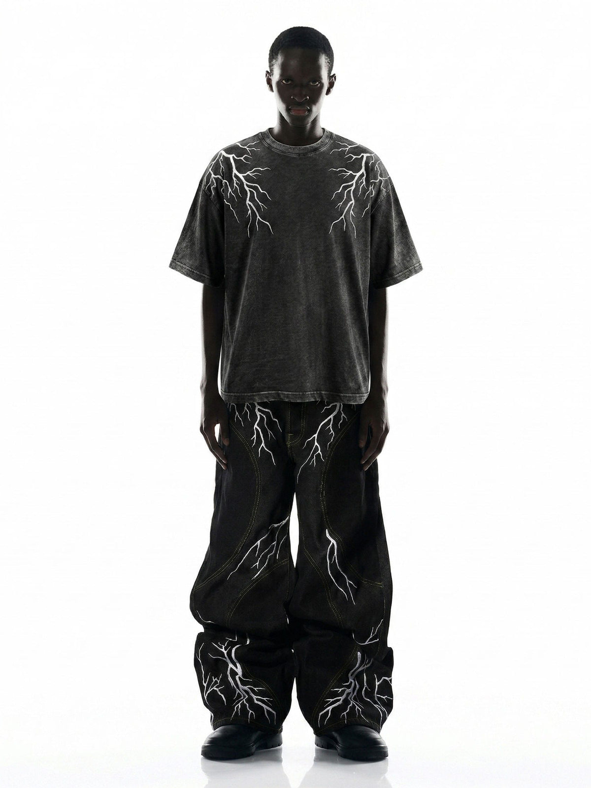 Washed Black Oversized Tee with Lightning Bolt Design – on model, full outfit | XoKool