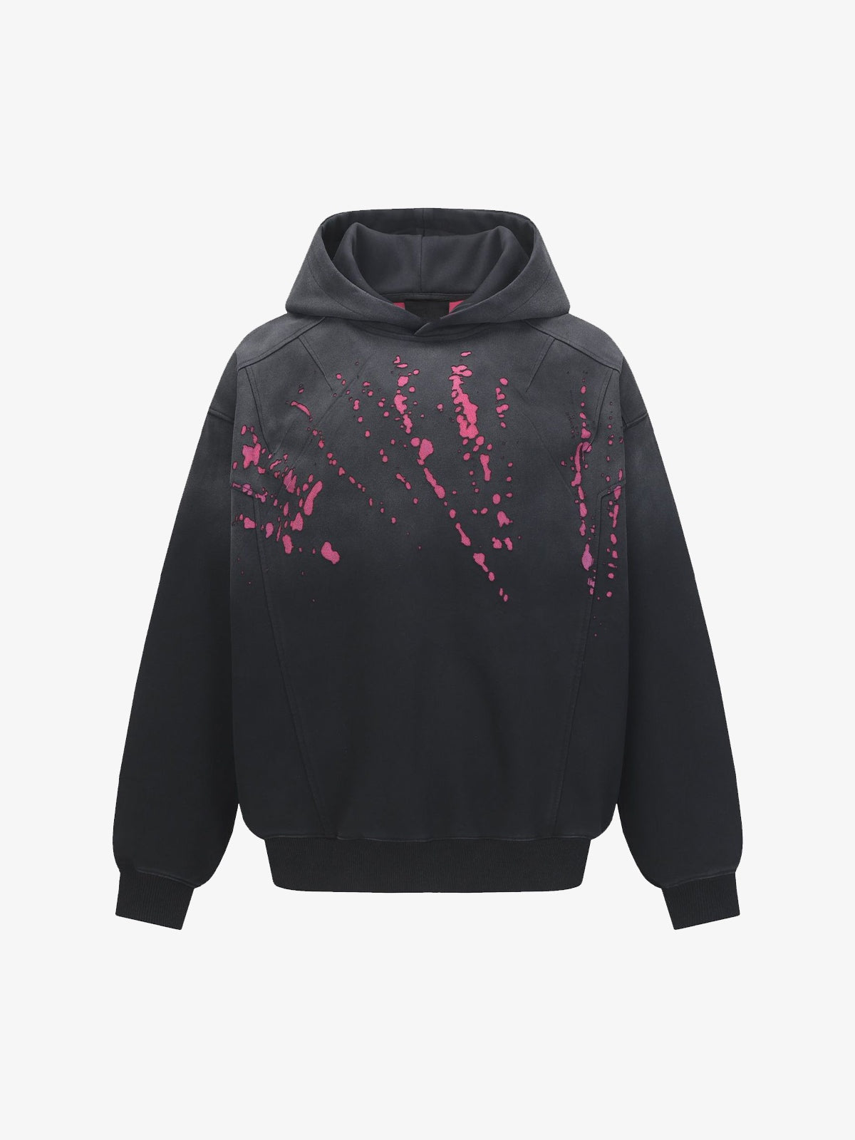 Washed Black Paint Splatter Hoodie – Black / Pink, front view | XoKool