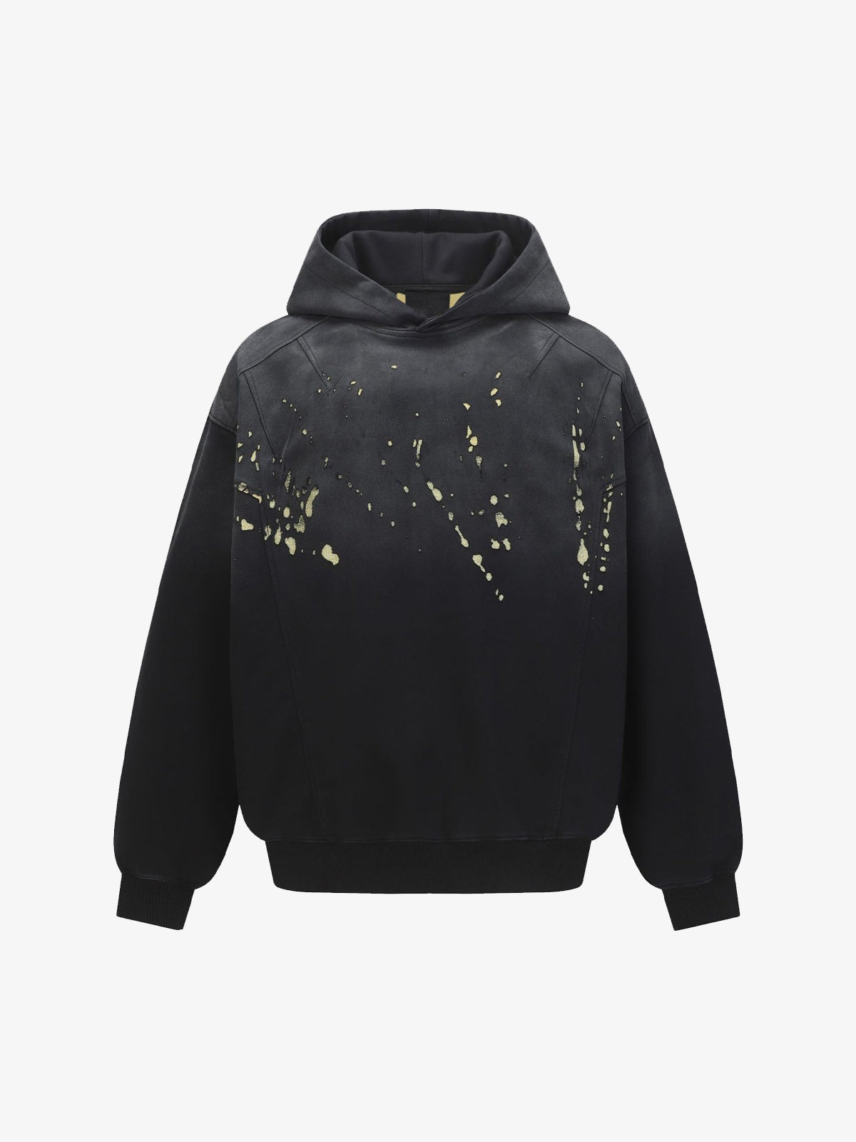 Washed Black Paint Splatter Hoodie – Black / Yellow, front view | XoKool