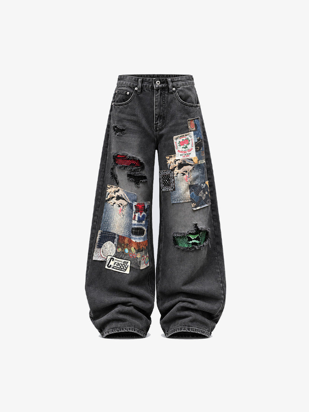 Washed Black Patchwork Baggy Jeans – Black, flat front | XoKool