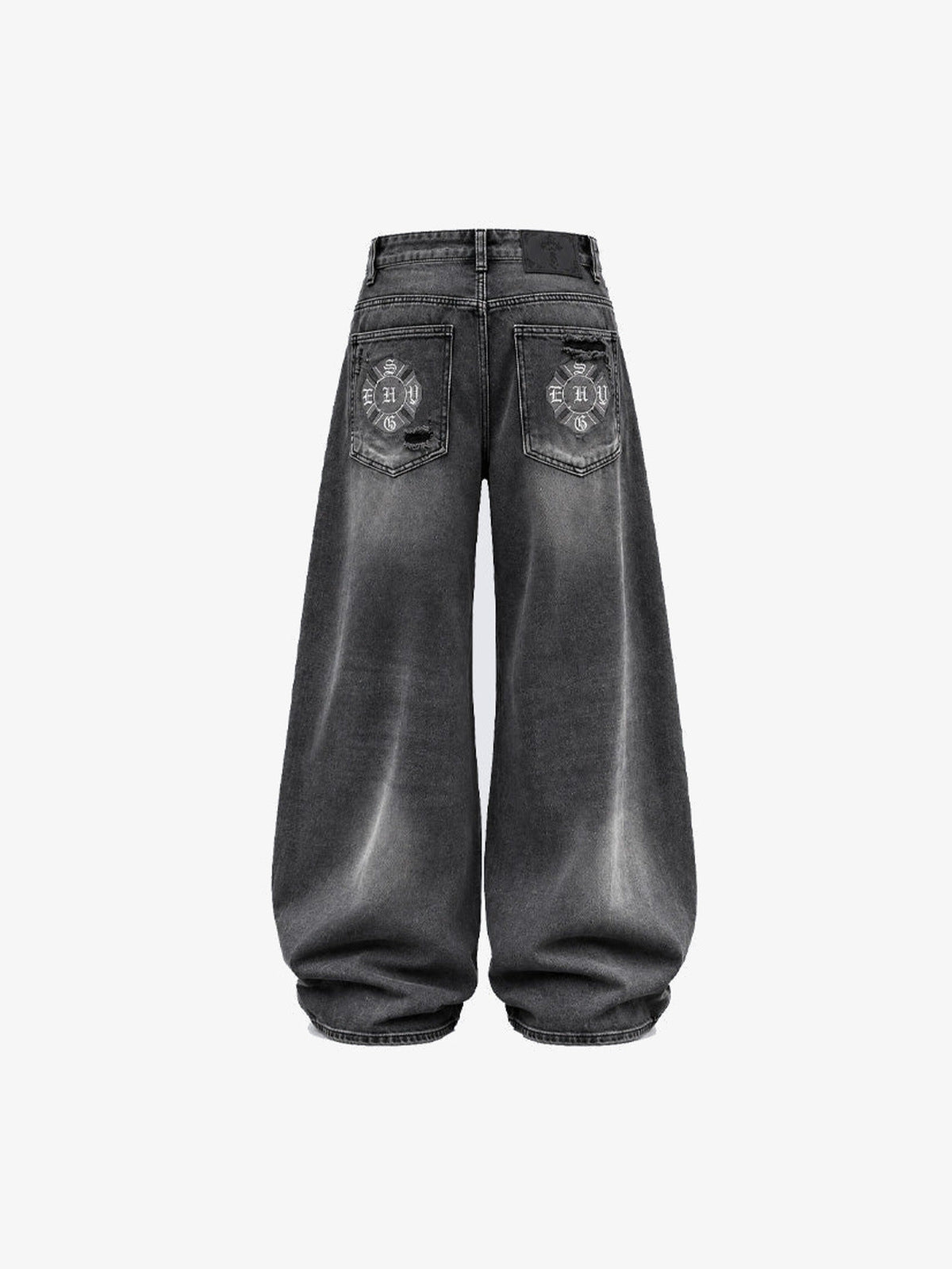 Washed Black Patchwork Baggy Jeans – flat back | XoKool