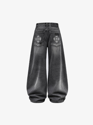 Washed Black Patchwork Baggy Jeans – flat back | XoKool