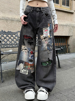 Washed Black Patchwork Baggy Jeans – on model (women styling), front, street | XoKool