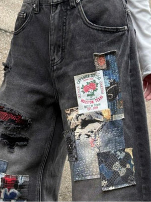 Patchwork Baggy Jeans – patch & rip close-up | XoKool