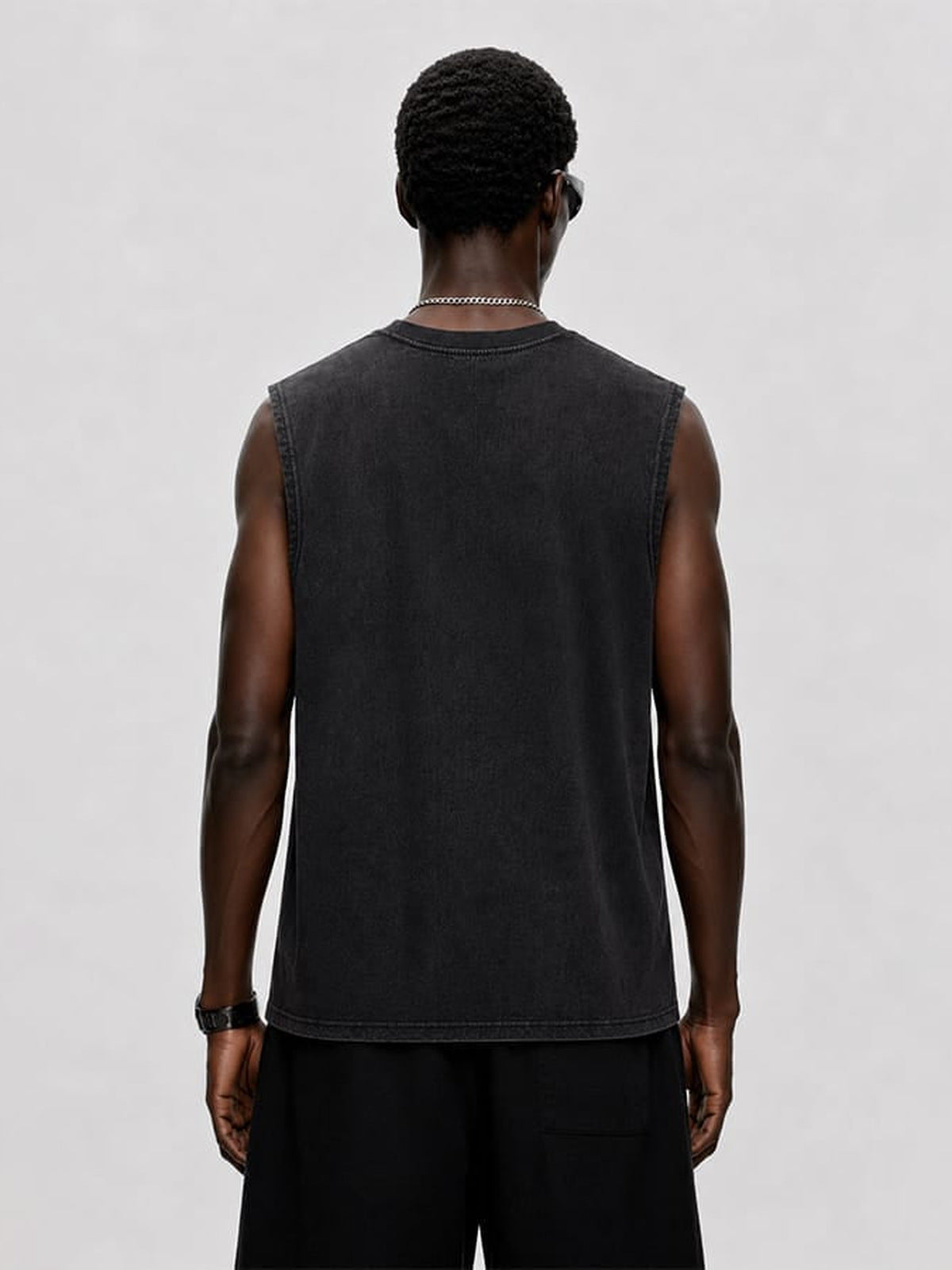 Washed Black Photo Print Muscle Tee – on model, back | XoKool