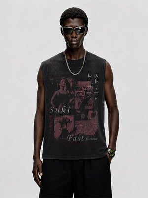 Washed Black Photo Print Muscle Tee – on model, front | XoKool