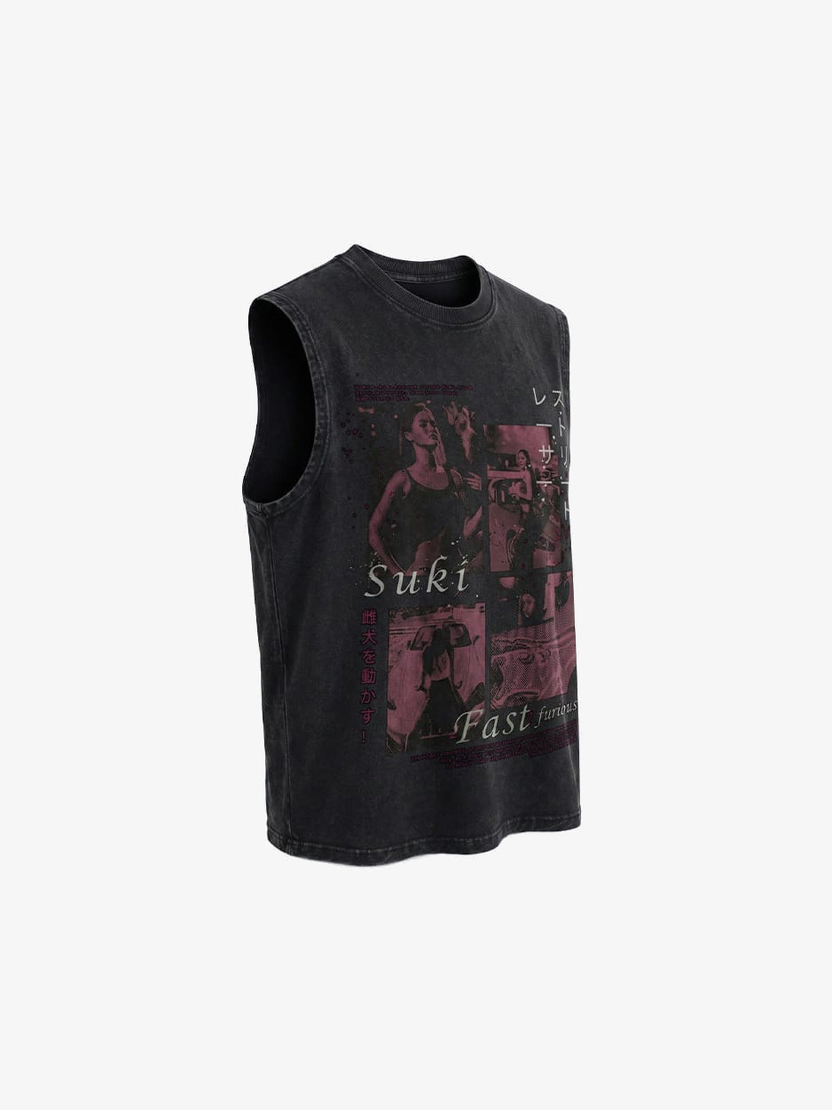 Washed Black Photo Print Muscle Tee – Washed Black, angle flat | XoKool
