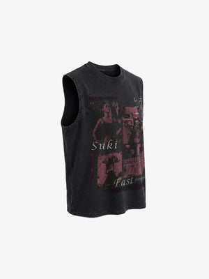 Washed Black Photo Print Muscle Tee – Washed Black, angle flat | XoKool