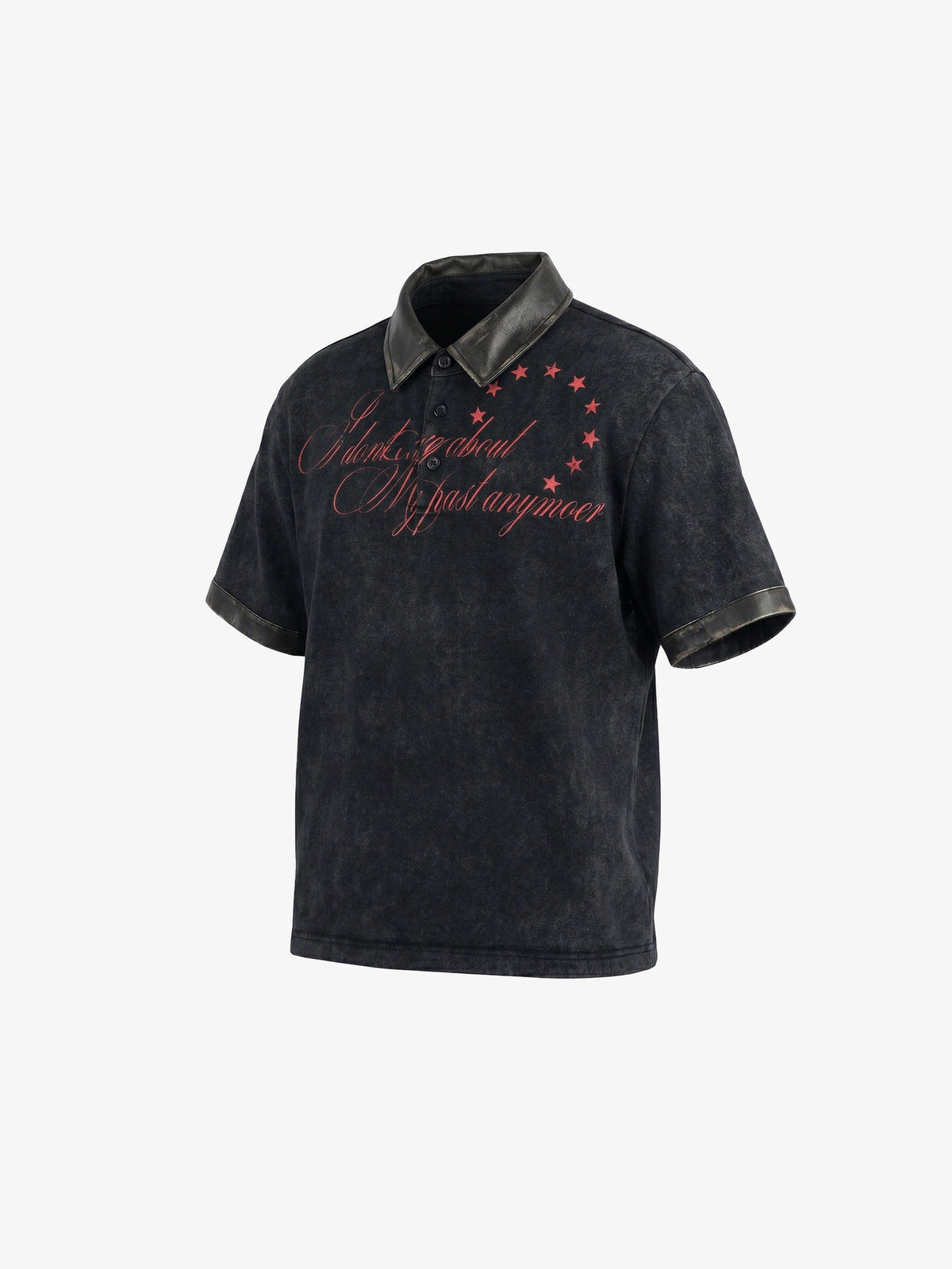 Washed Black Polo Shirt with Red Script Print – Washed Black, angle flat | XoKool