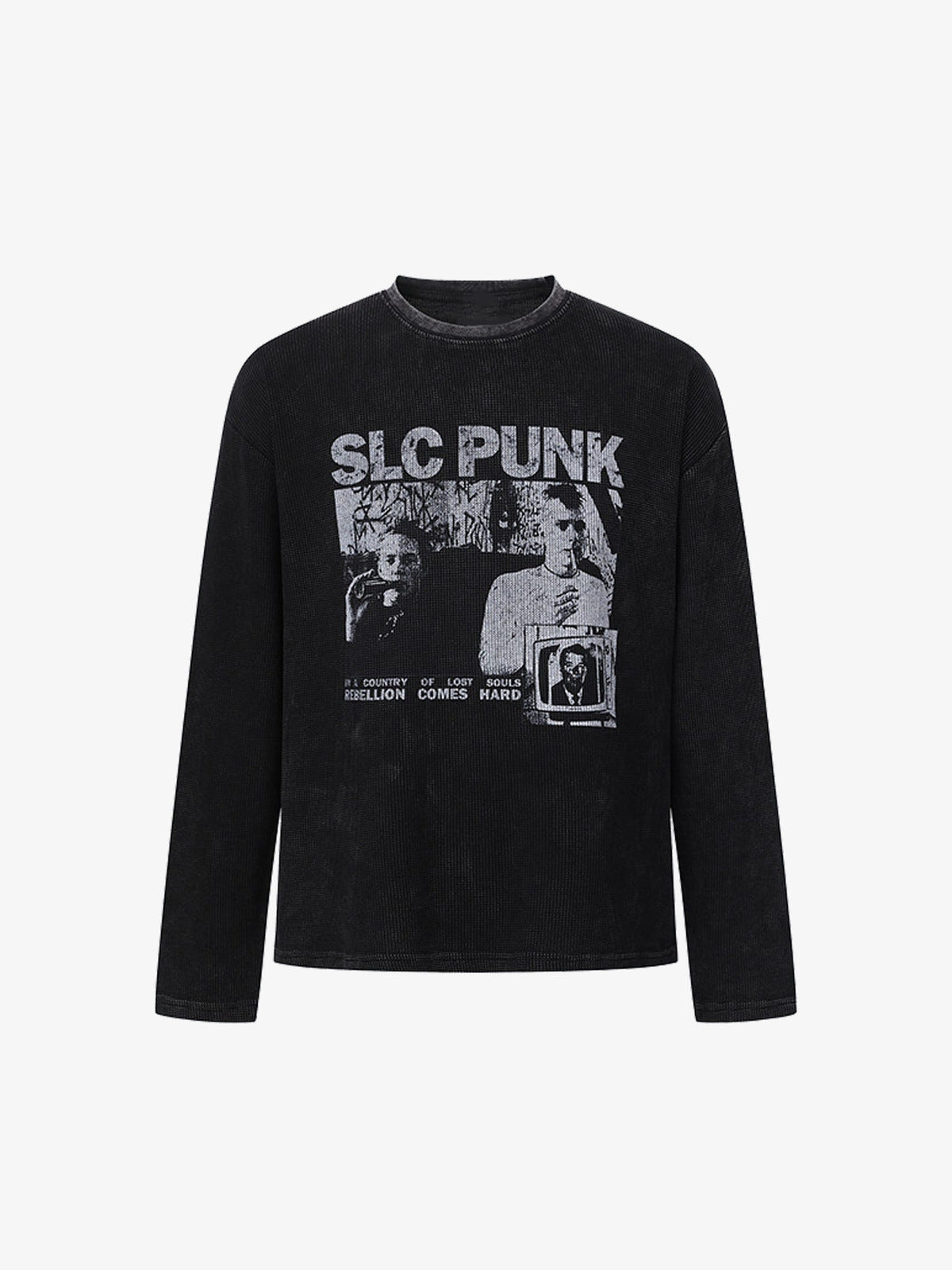 Washed Black Punk Longsleeve mit Fotocollage – Vorderseite flach | XoKool