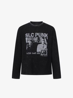 Washed Black Punk Longsleeve mit Fotocollage – Vorderseite flach | XoKool