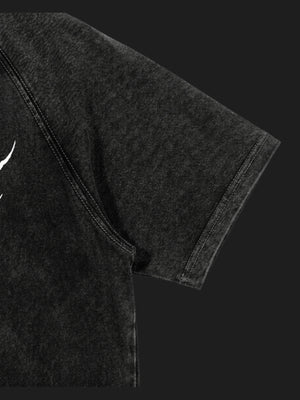 Washed Black Raglan Tee with Spiky Metal Lettering – sleeve close-up | XoKool