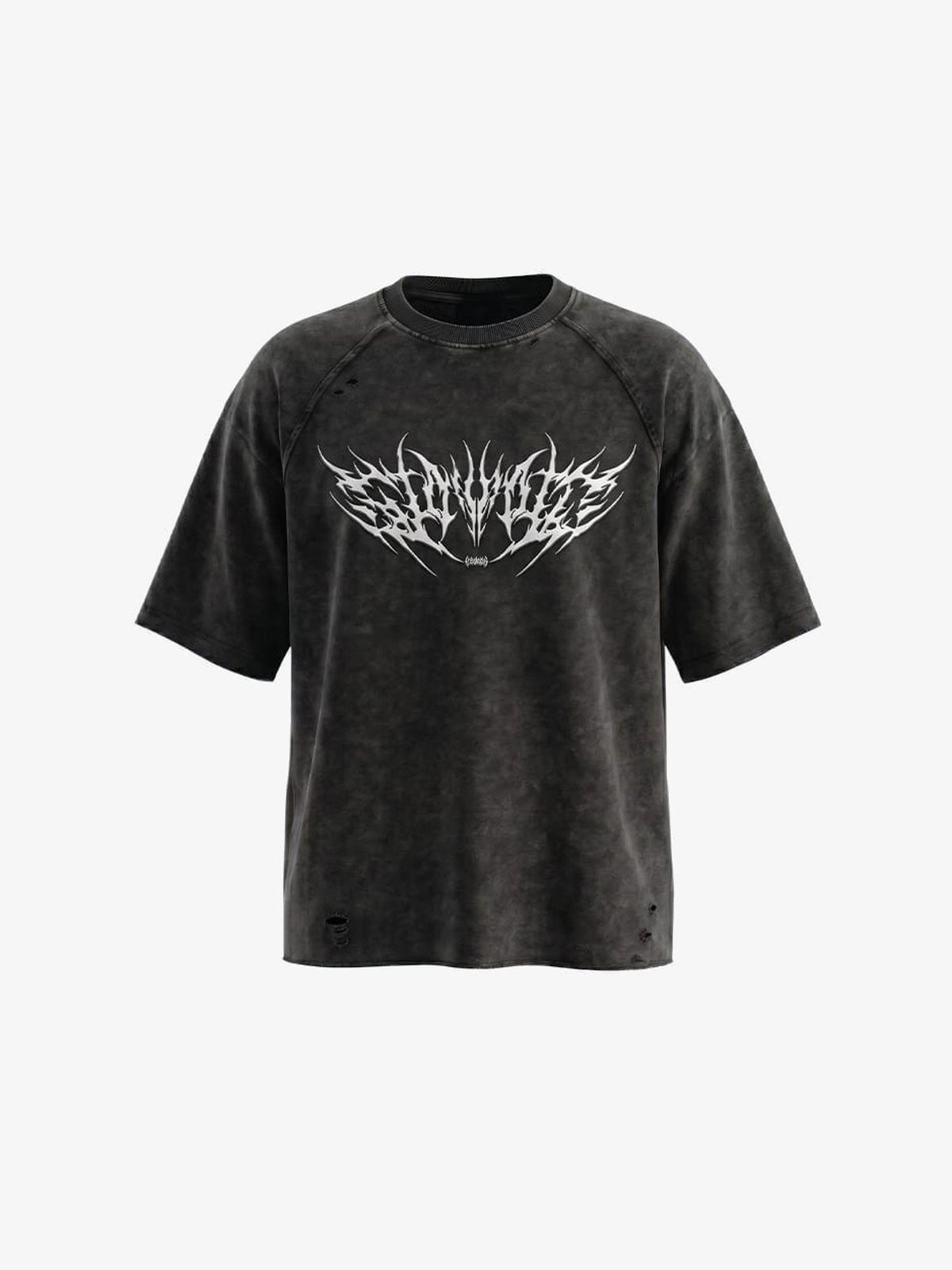 Washed Black Raglan Tee with Spiky Metal Lettering – Washed Black, front flat view | XoKool