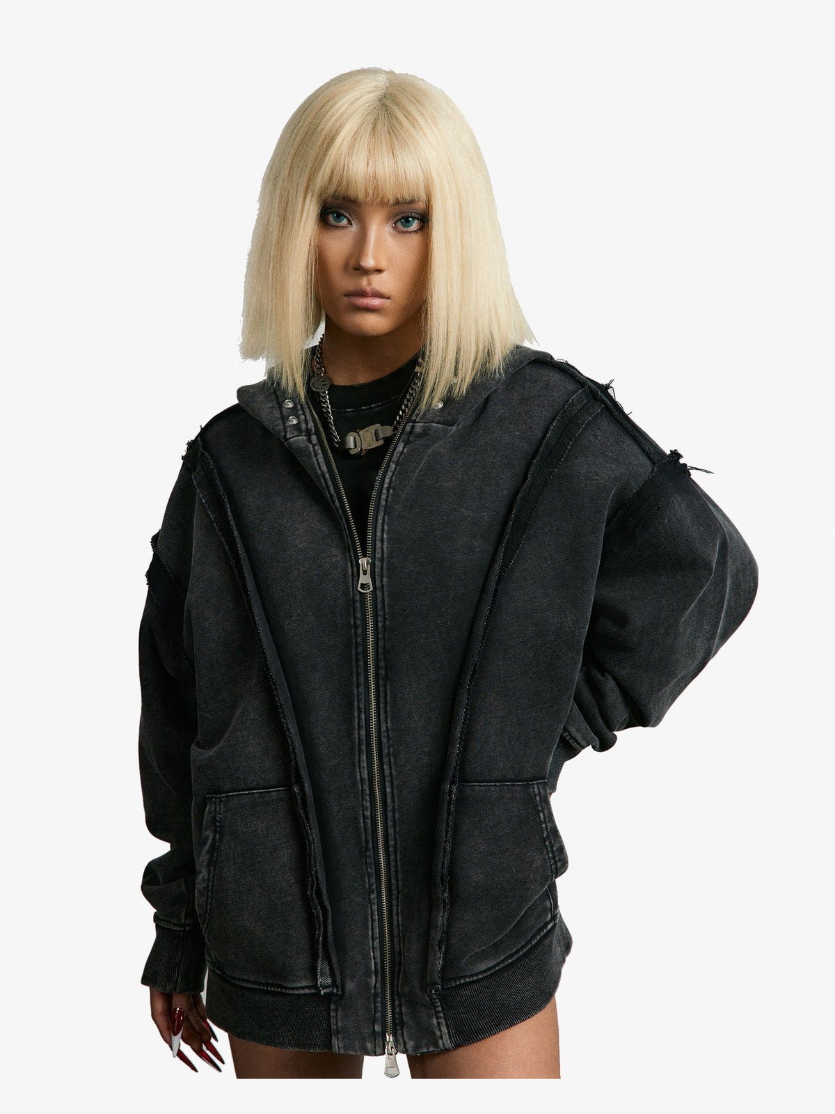 Raw edge zip up hoodie – On female model, front | XoKool