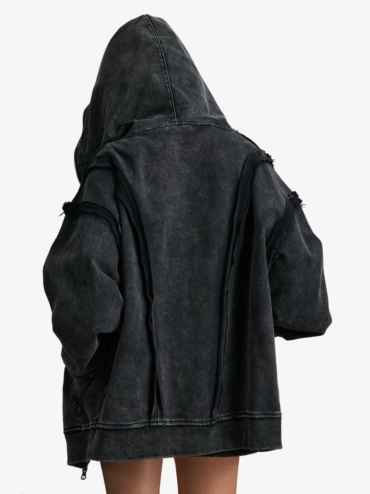 Raw edge zip up hoodie – On model, back, hood up | XoKool