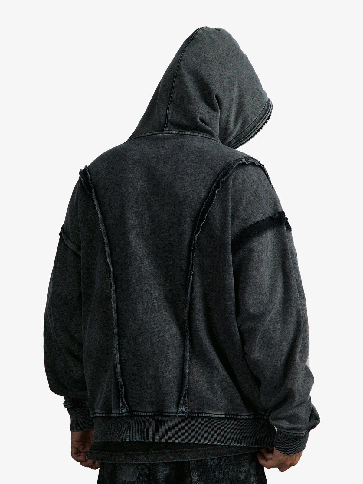 Washed Black Raw Edge Oversized Zip Up Hoodie – On model, back | XoKool