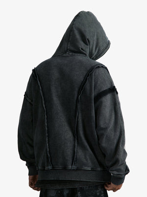 Washed Black Raw Edge Oversized Zip Up Hoodie – On model, back | XoKool