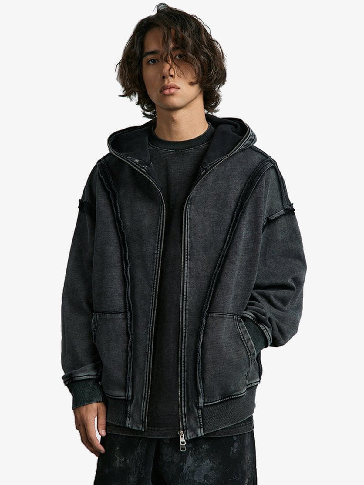 Raw edge zip up hoodie – On model, front | XoKool
