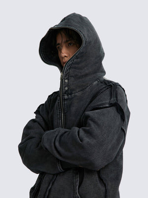 Washed Black Raw Edge Oversized Zip Up Hoodie – On model, side, hood up | XoKool