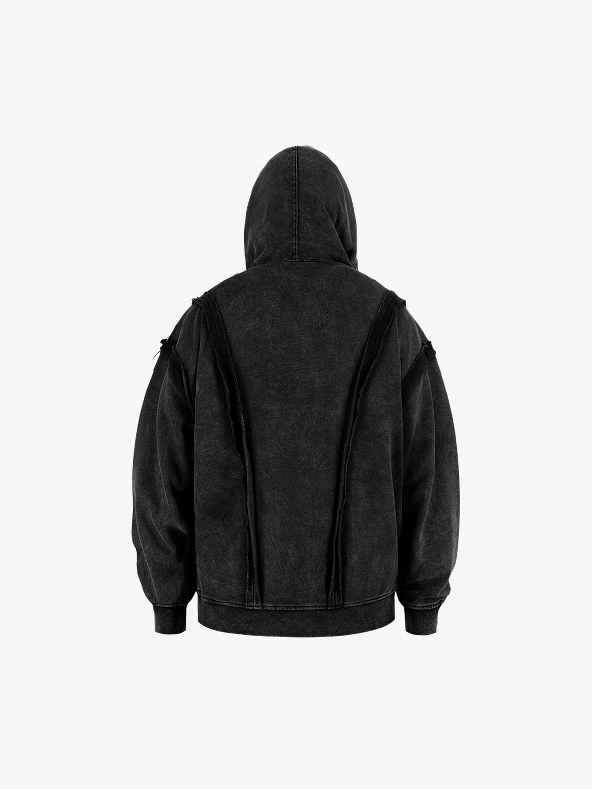 Washed Black Raw Edge Oversized Zip Up Hoodie – Washed black, back view | XoKool