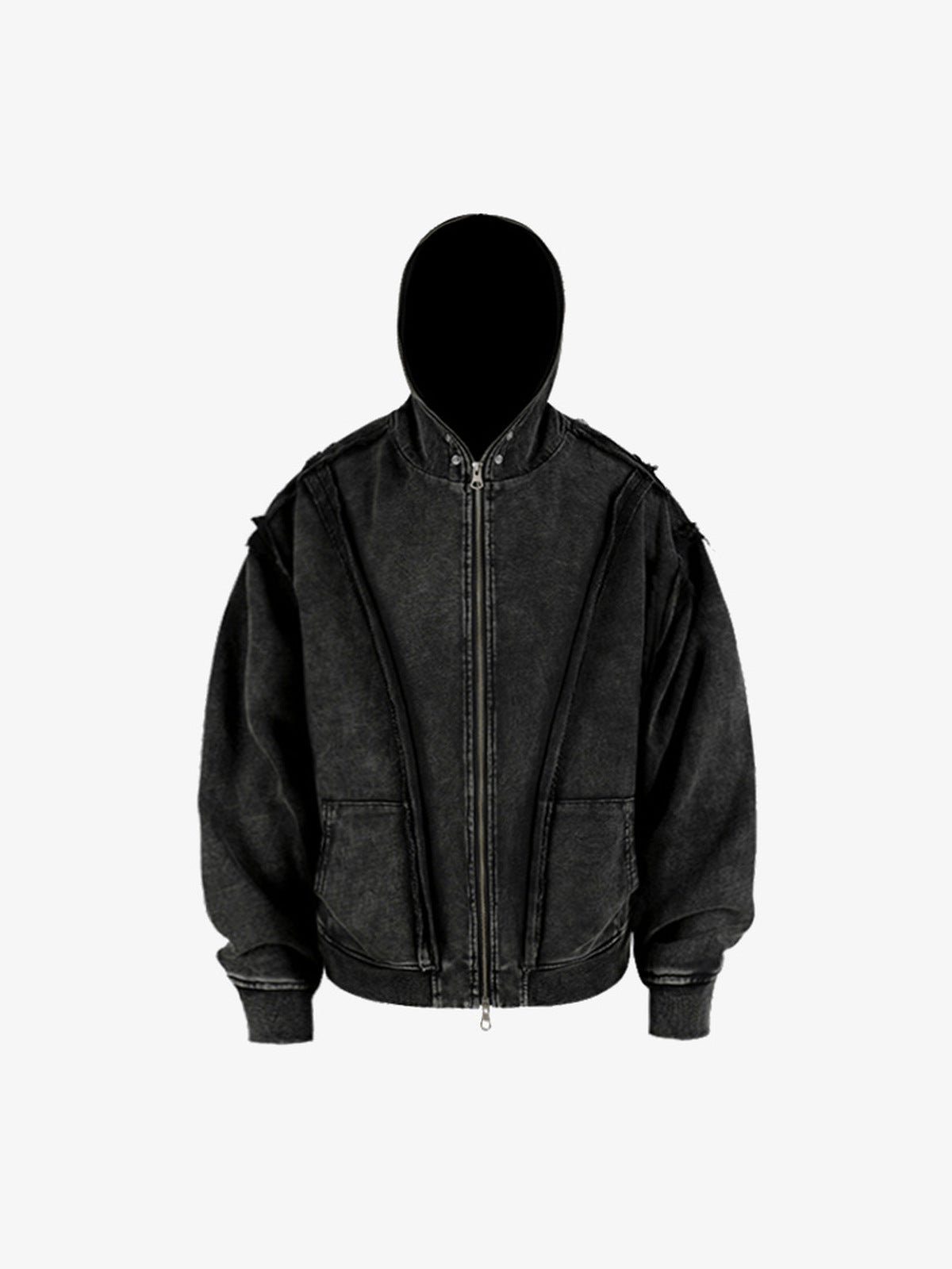 Washed Black Raw Edge Oversized Zip Up Hoodie – Washed black, front view | XoKool