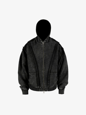 Washed Black Raw Edge Oversized Zip Up Hoodie – Washed black, front view | XoKool