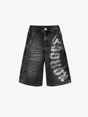 Jorts negro lavado con strass y estampado de letras – frente en plano | XoKool