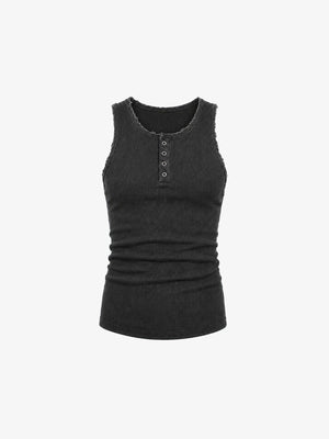 Washed Black Ribbed Henley Tank Top – Washed black, front flat | XoKool