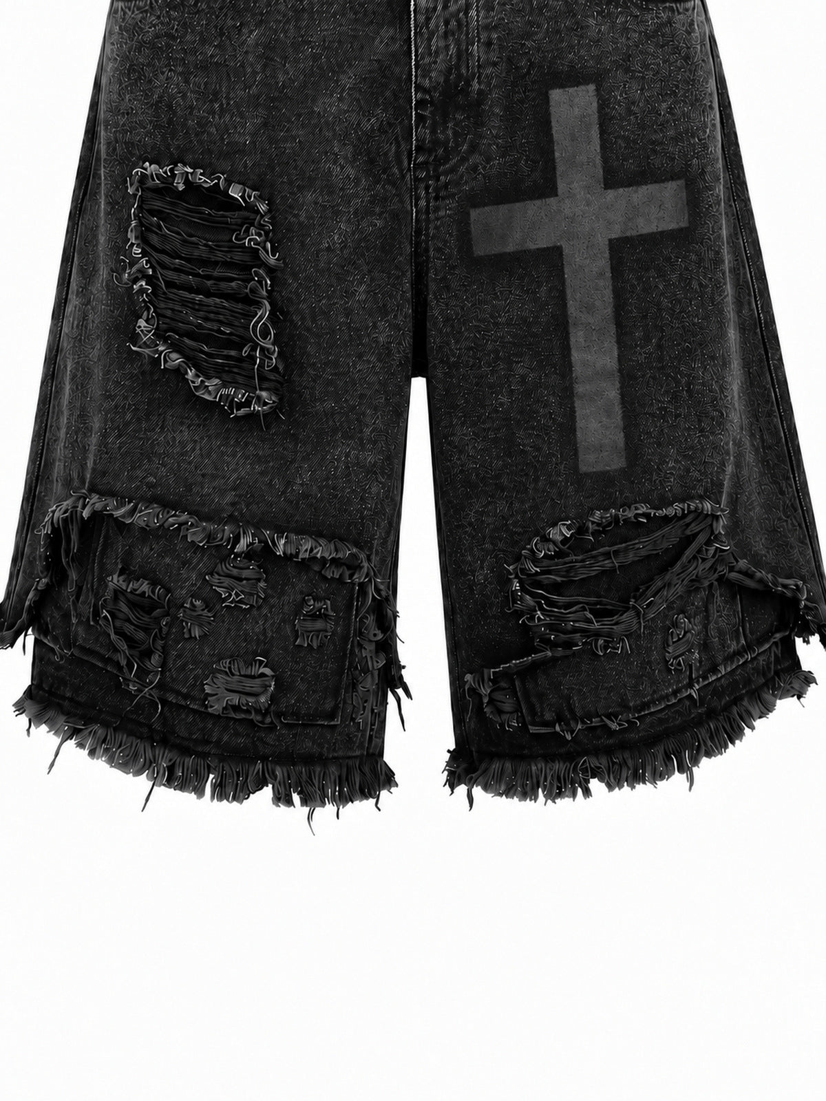Schwarze Jorts im Used-Look – Detailaufnahme ausgefranster Saum und Risse | XoKool