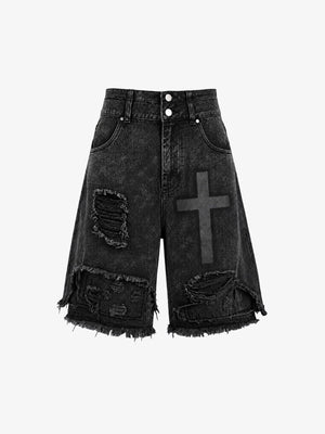 Washed Black Jorts im Used-Look mit Kreuz-Print – Washed Black, Front flach | XoKool