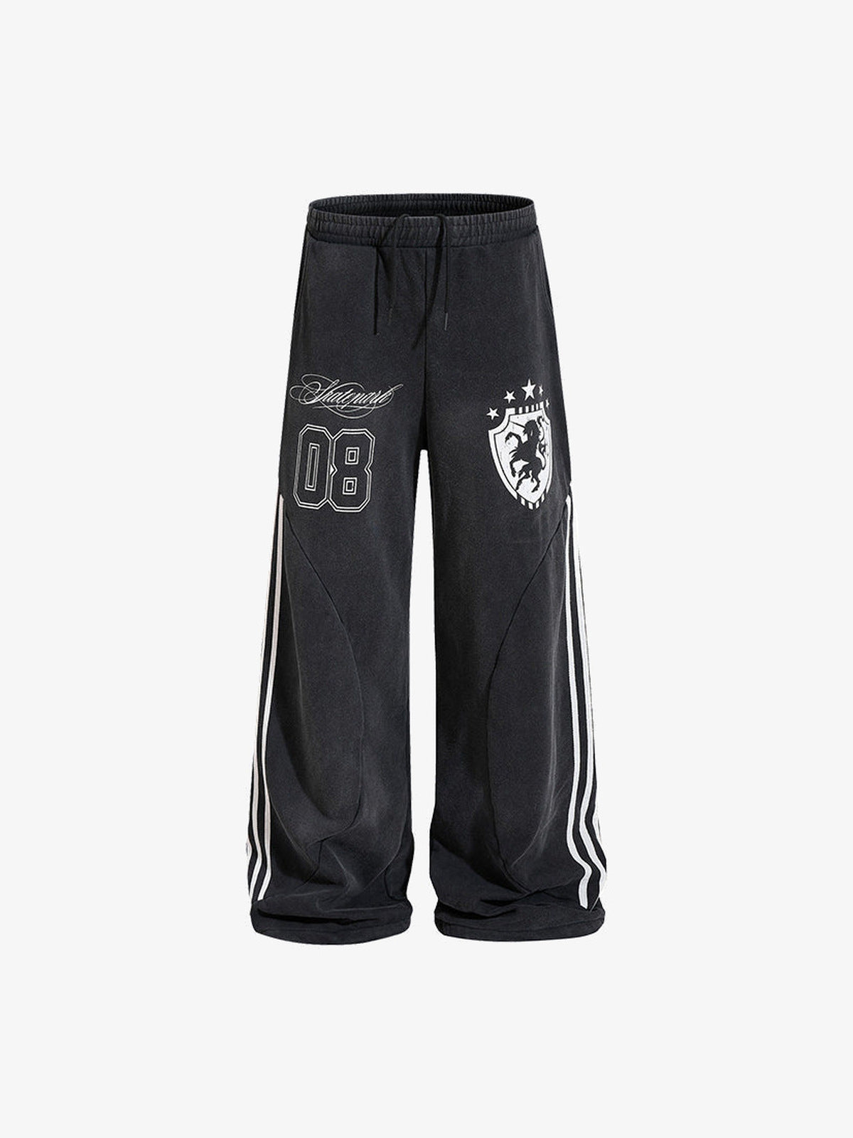 Washed Black Side Stripe Varsity Sweatpants – Black, front flat | XoKool