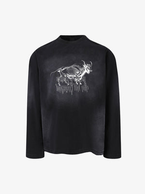 Washed Black Skeleton Bull Long Sleeve Shirt – Washed Black, front view | XoKool